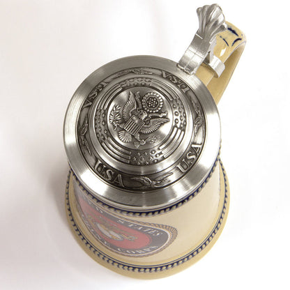 USMC Stoneware SteinÂ with Lid, pewter lid also has USMC emblem with â€œUSAâ€, stars and stripes, eagles around edges.Made in Germany