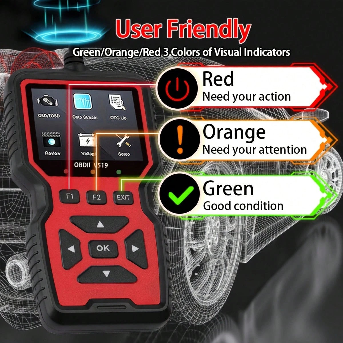 V519 Professional OBD2 Car Diagnostic Scanner Full Function Engine Fault Code Reader Real Time Data Stream I/M Readiness Test Tool