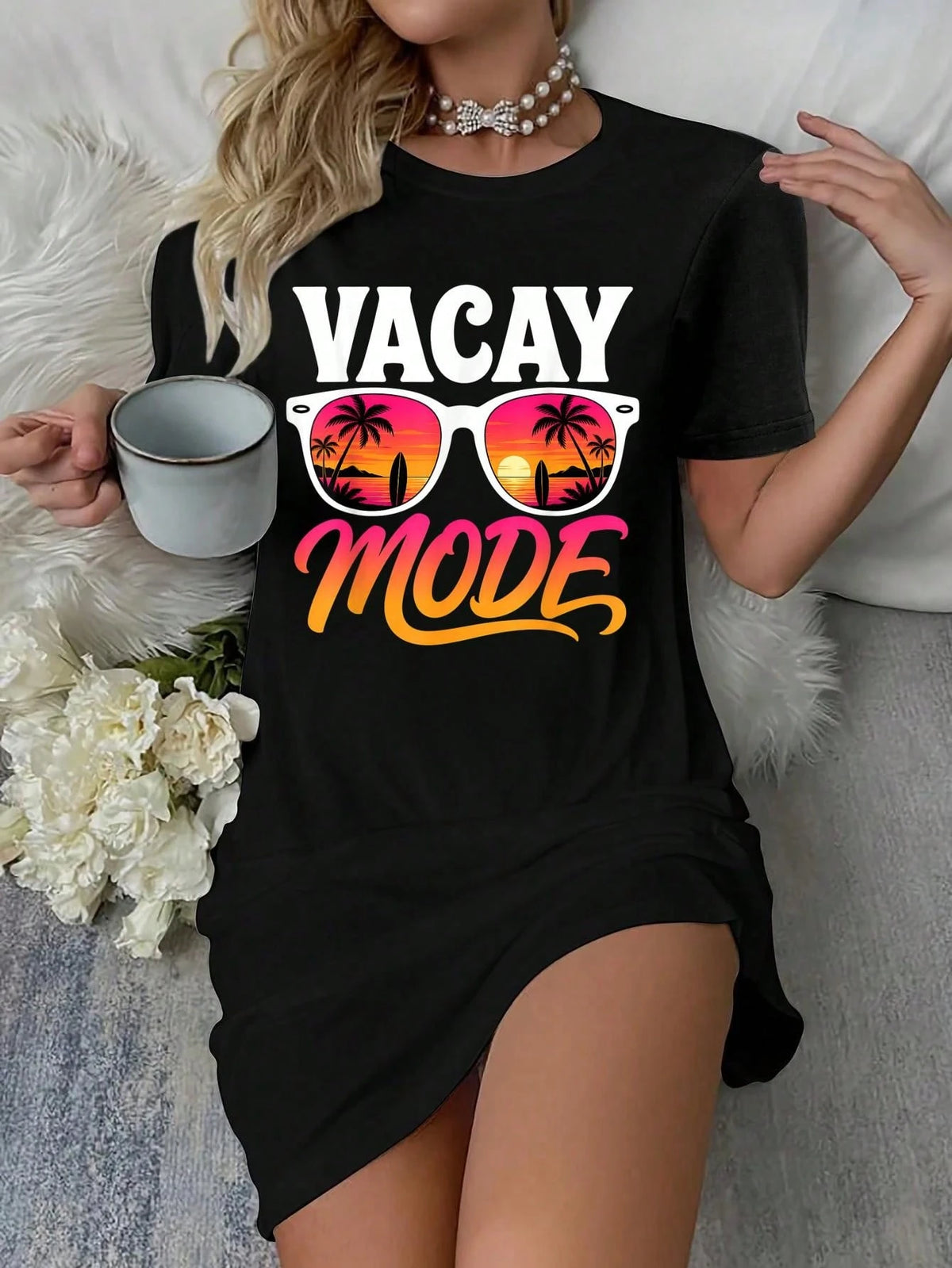 Vacay Mode Palm Tree Beach Vacation Summer Getaway Holiday T-Shirt Dress Women's Dress, Casual Summer Dress