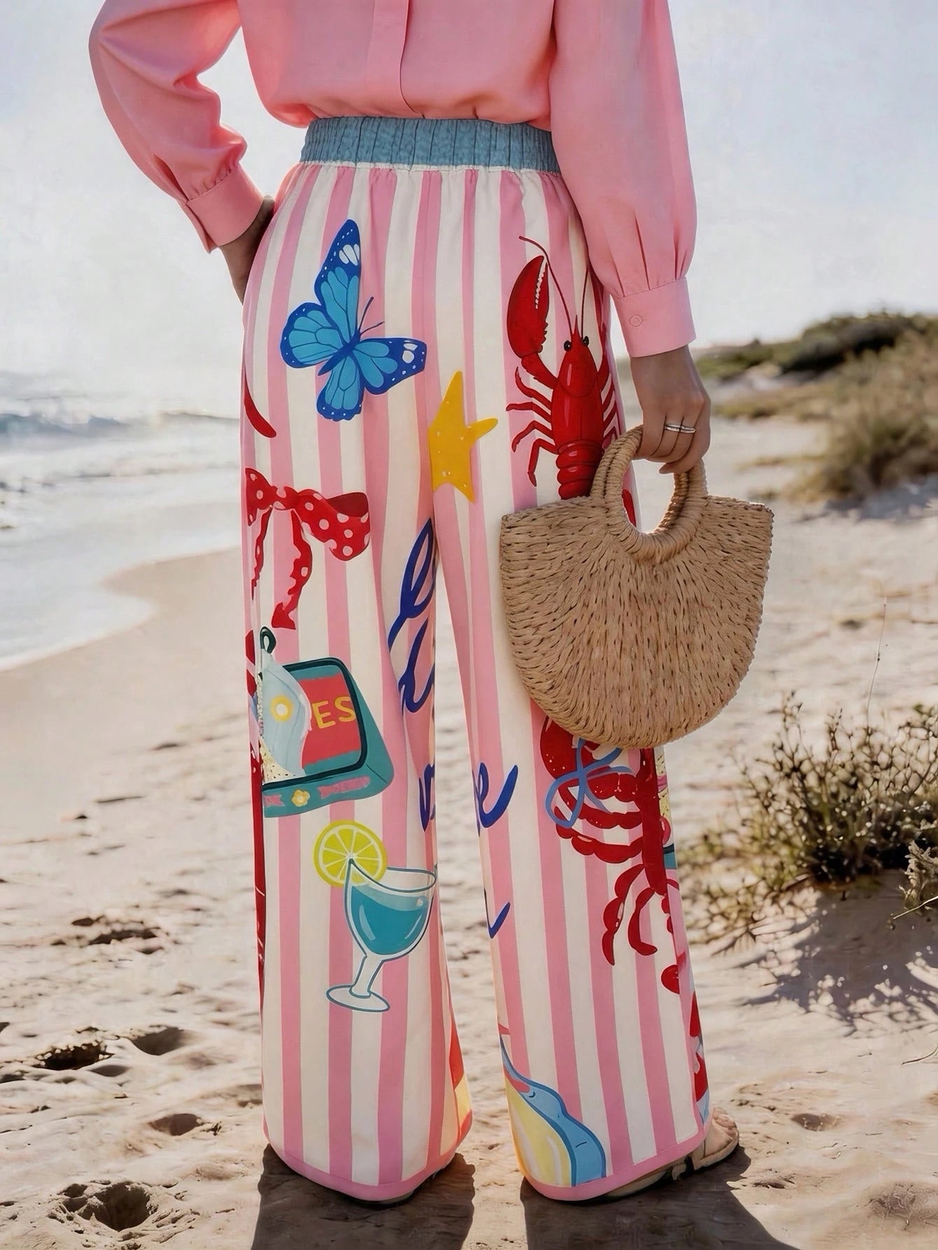 Vaclyn Women's Casual Vacation Style Striped Lobster Print Loose Pants