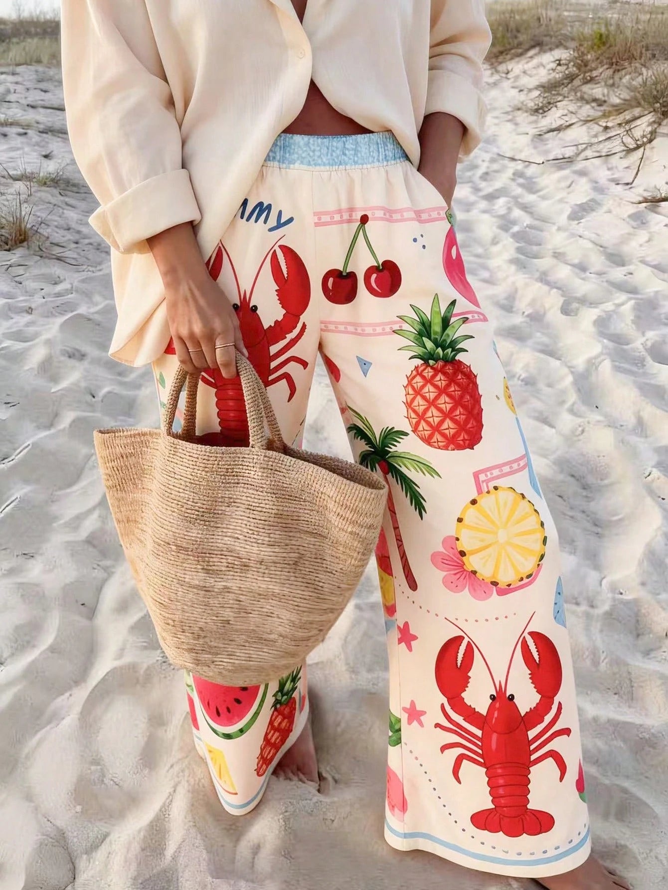Vaclyn Women's Casual Vacation Style Striped Lobster Print Loose Pants