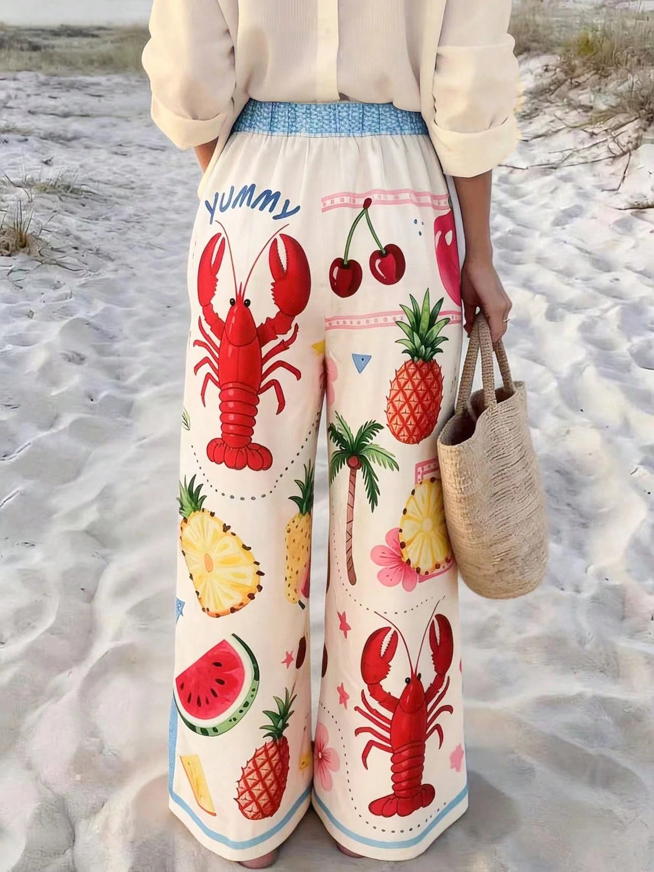Vaclyn Women's Casual Vacation Style Striped Lobster Print Loose Pants