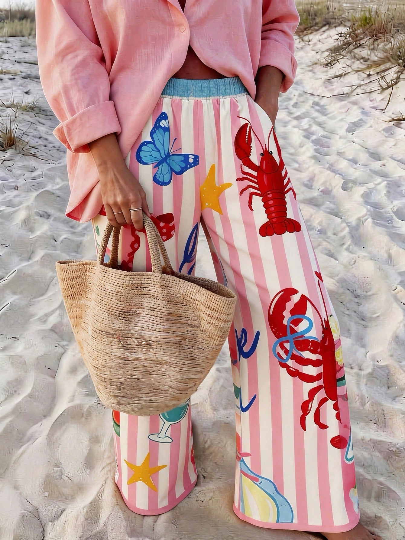 Vaclyn Women's Casual Vacation Style Striped Lobster Print Loose Pants