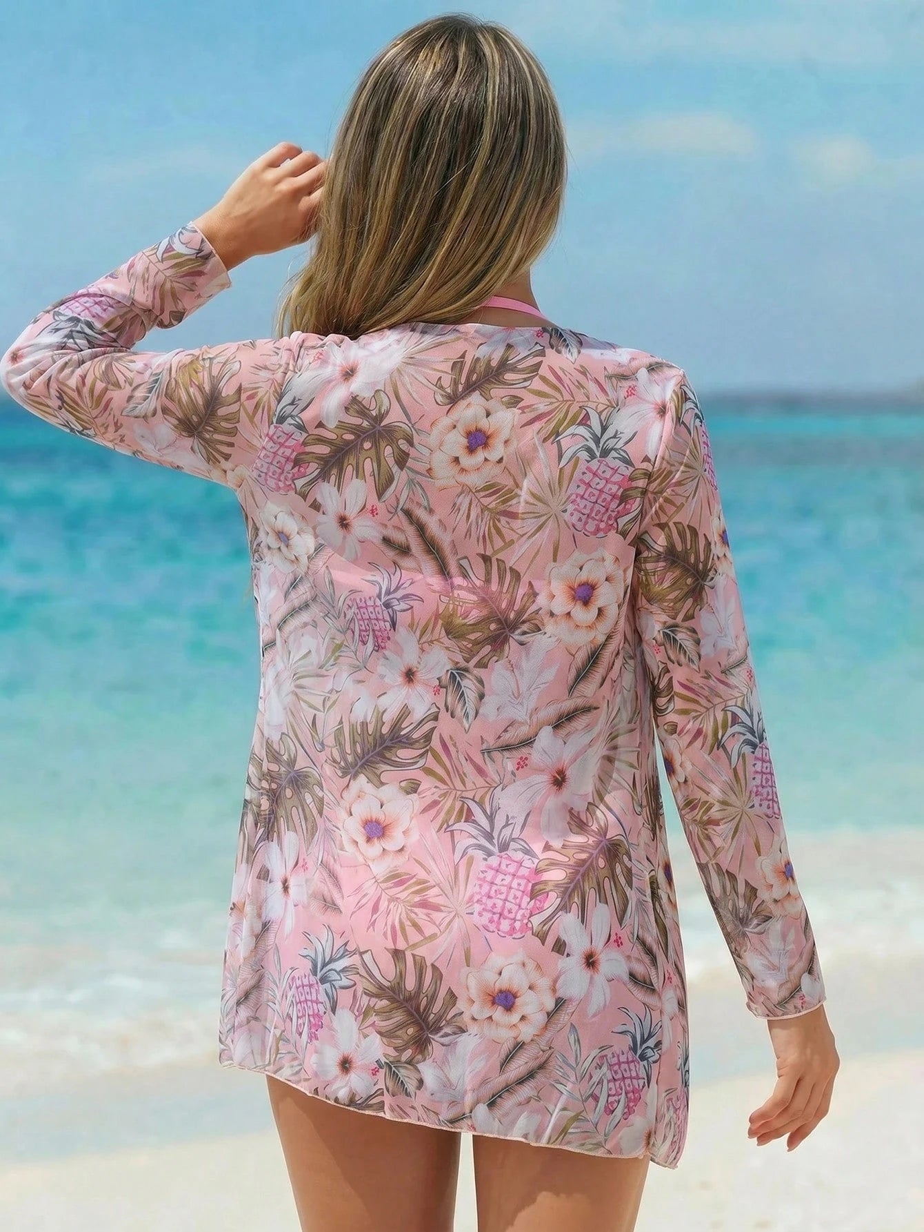 Vaclyn Women's Tropical Plant Print Casual Bikini Set With Coverup Short Sleeve Kimono Summer Vacation Beach