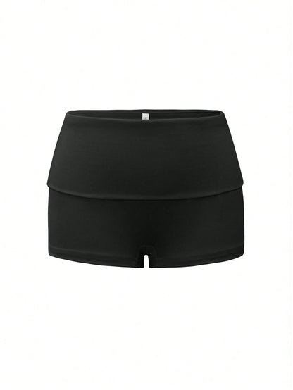 Vaiaye Women's Solid Color Casual Slim Fit Shorts, Striped Low Waist Mini Skirt, Minimalist Fashion Black Summer, Chic & Elegant