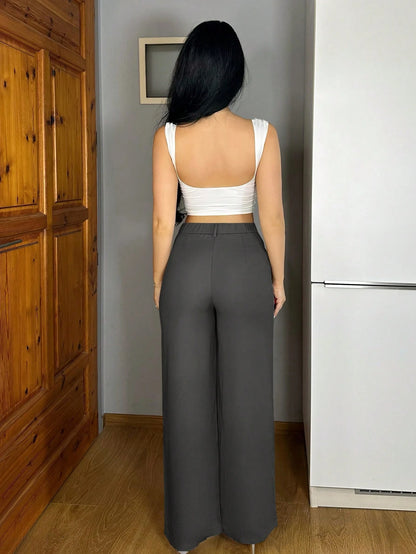 Vassilux Women Plain Pocket Wide Leg Loose Casual Pants,Petite Women