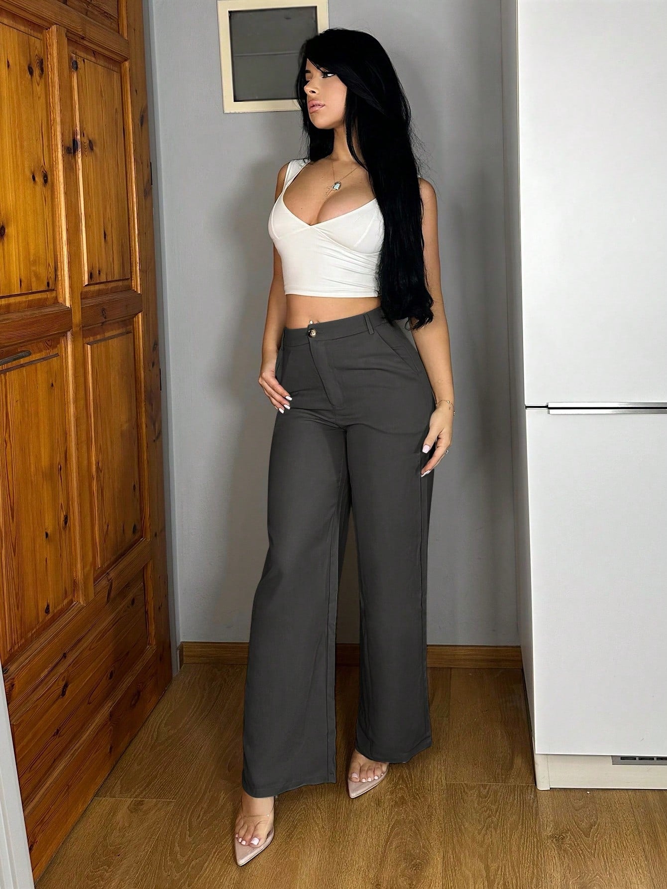 Vassilux Women Plain Pocket Wide Leg Loose Casual Pants,Petite Women