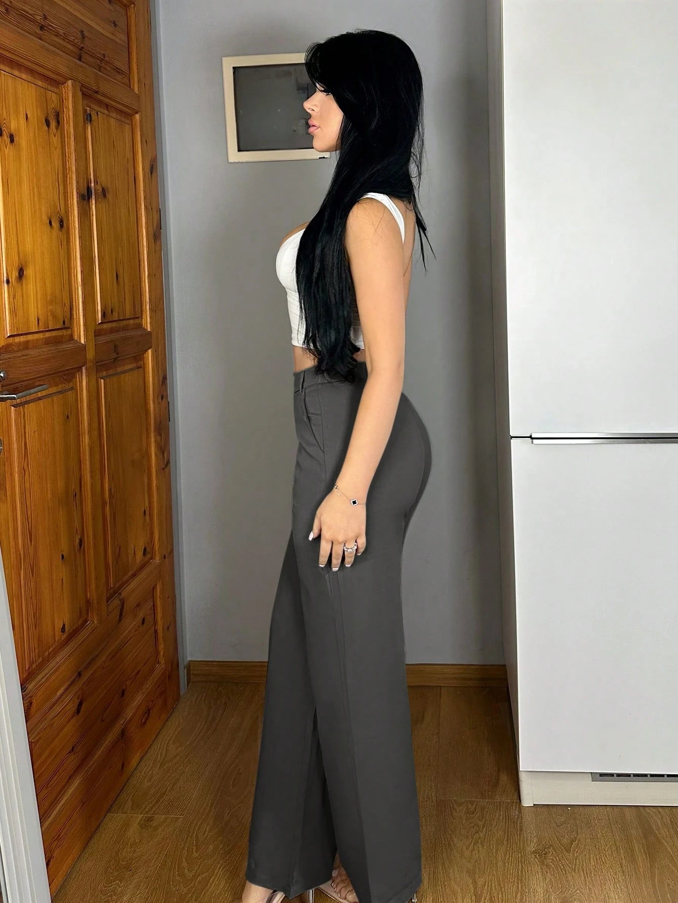 Vassilux Women Plain Pocket Wide Leg Loose Casual Pants,Petite Women