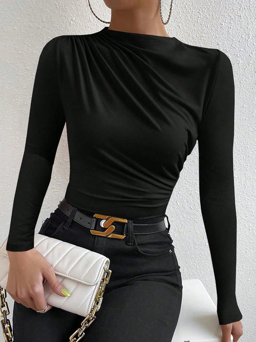 VaVaBold Solid Ruched Slim Fit Tee Fall Cloth For Women