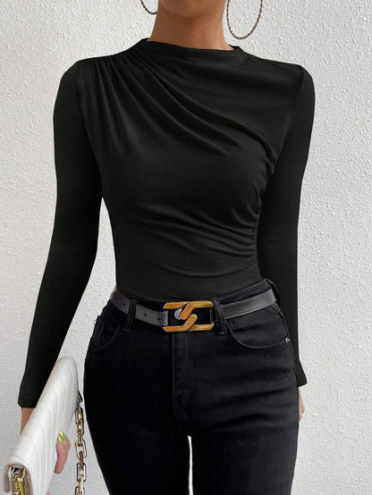 VaVaBold Solid Ruched Slim Fit Tee Fall Cloth For Women