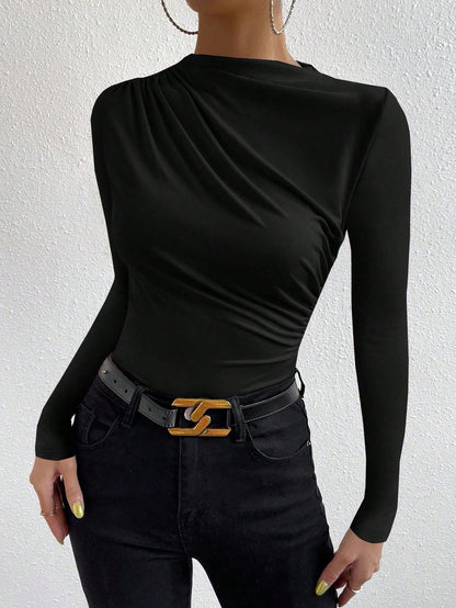 VaVaBold Solid Ruched Slim Fit Tee Fall Cloth For Women