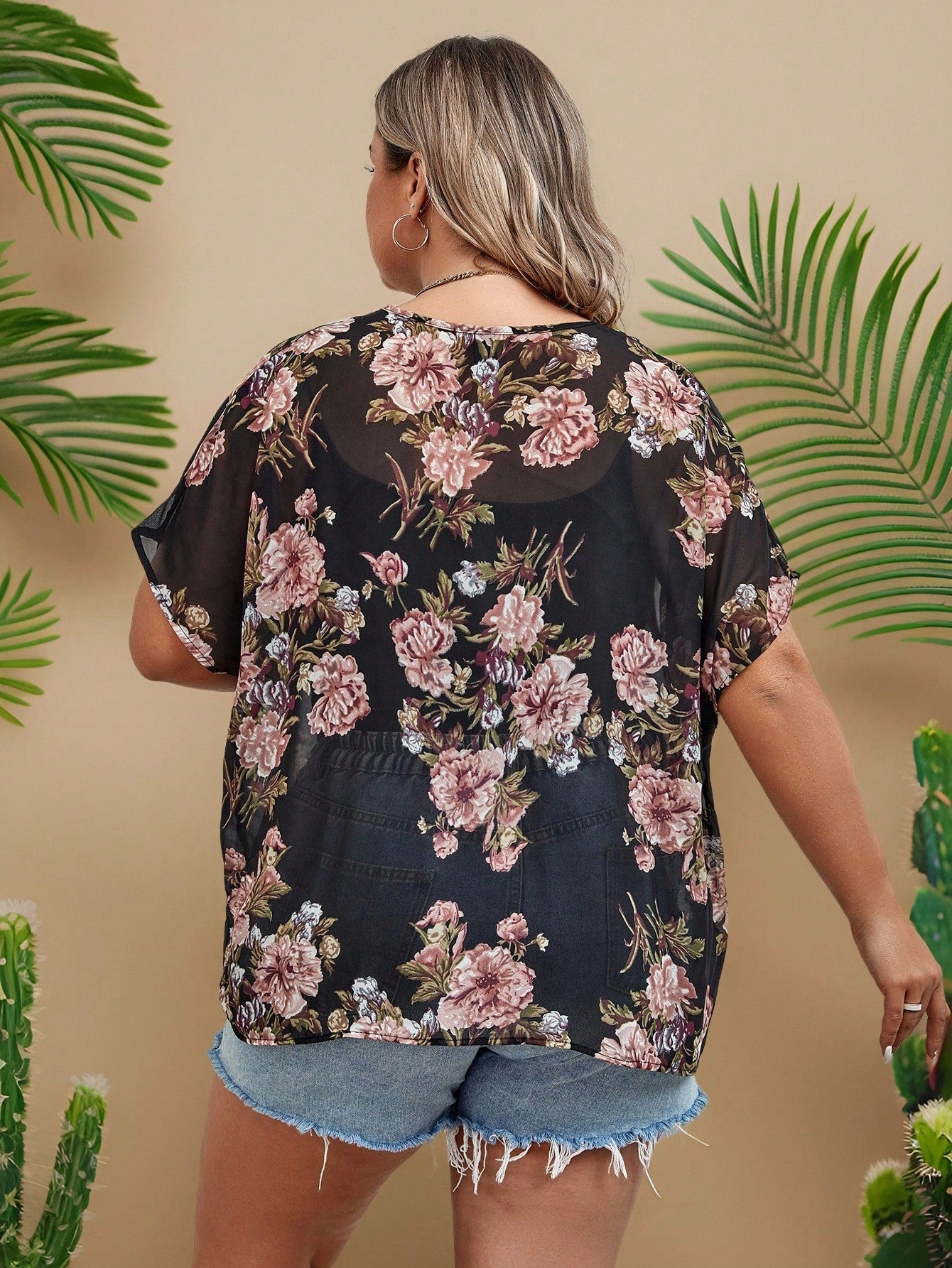 VCAY Plus Size Floral Print Batwing Sleeve Open Front Kimono Without Cami Top Summer