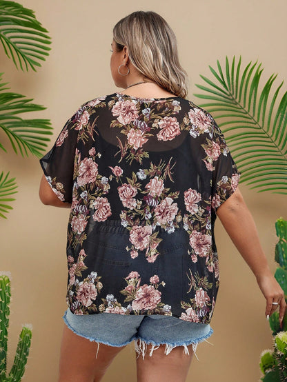 VCAY Plus Size Floral Print Batwing Sleeve Open Front Kimono Without Cami Top Summer