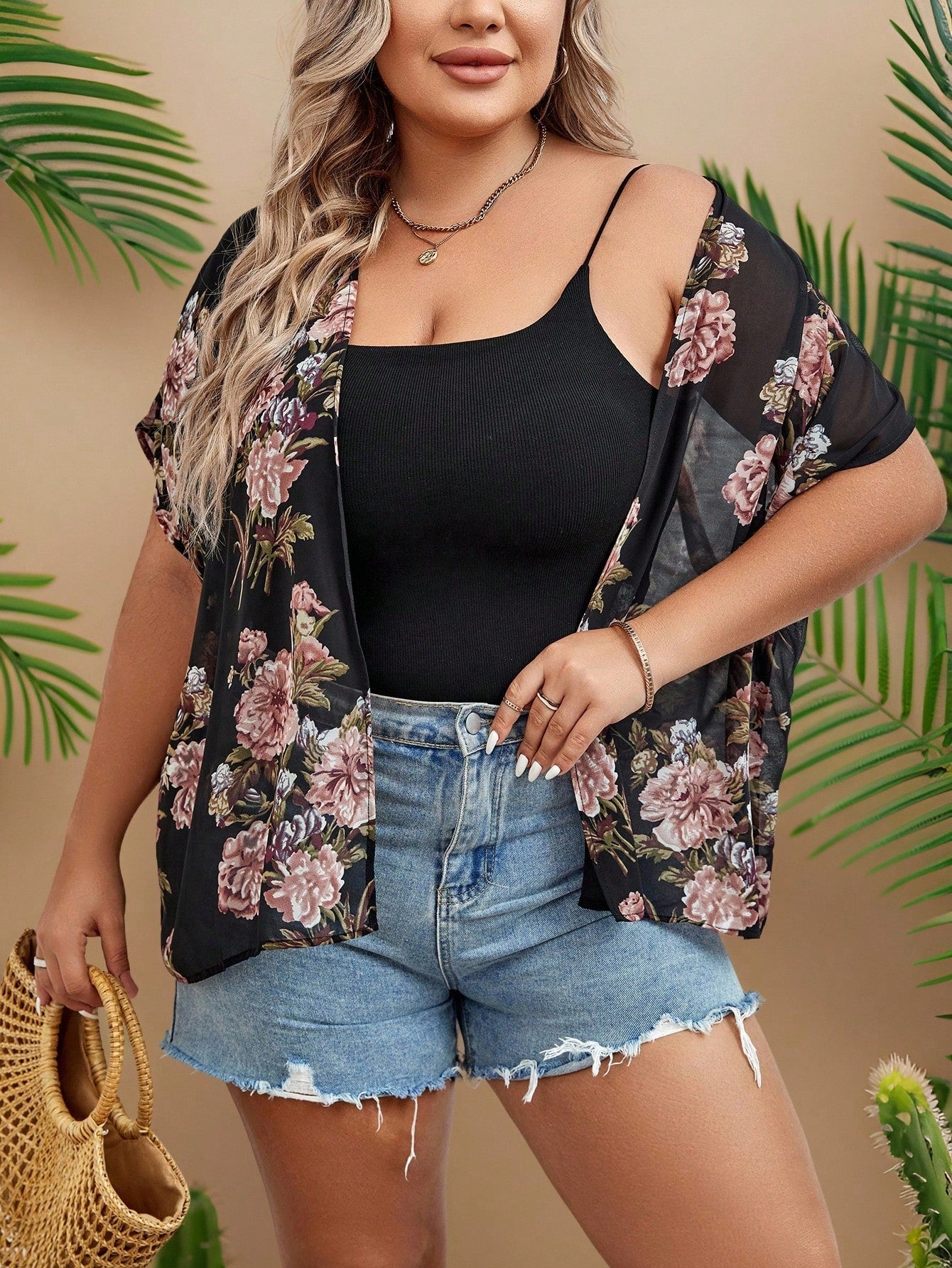 VCAY Plus Size Floral Print Batwing Sleeve Open Front Kimono Without Cami Top Summer