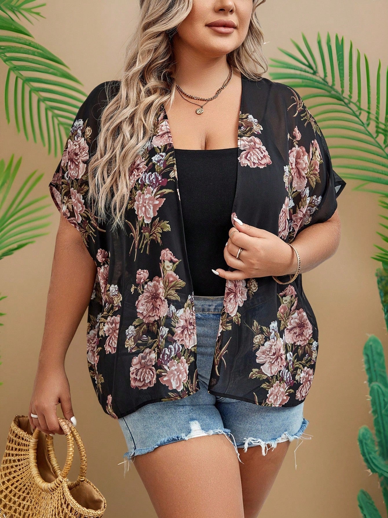 VCAY Plus Size Floral Print Batwing Sleeve Open Front Kimono Without Cami Top Summer