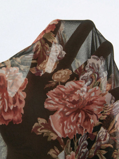 VCAY Plus Size Floral Print Batwing Sleeve Open Front Kimono Without Cami Top Summer