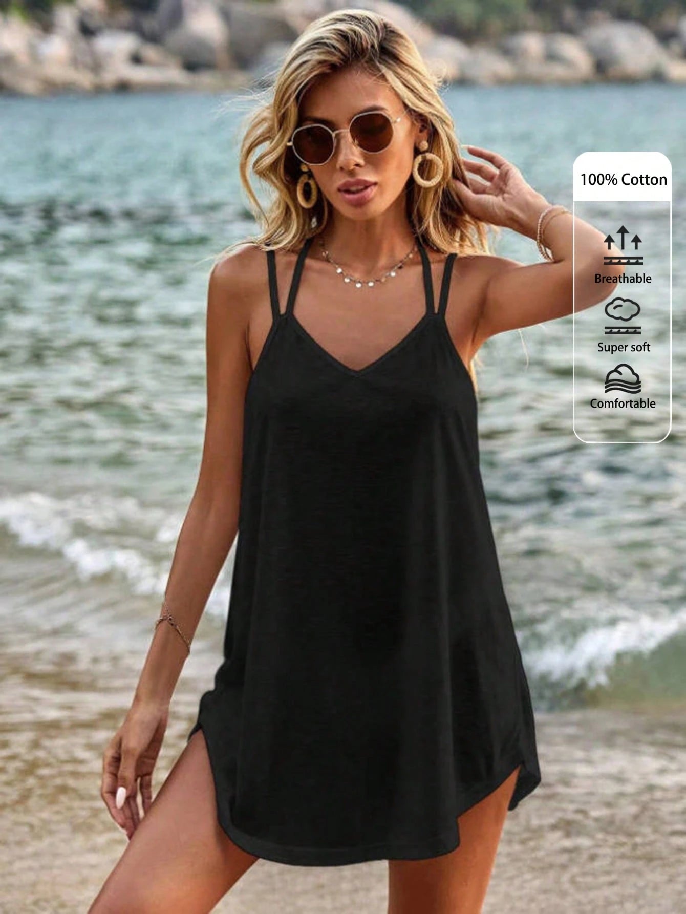 VCAY Solid Color Mini Loose Fit Spaghetti Strap Vacation Summer Dress