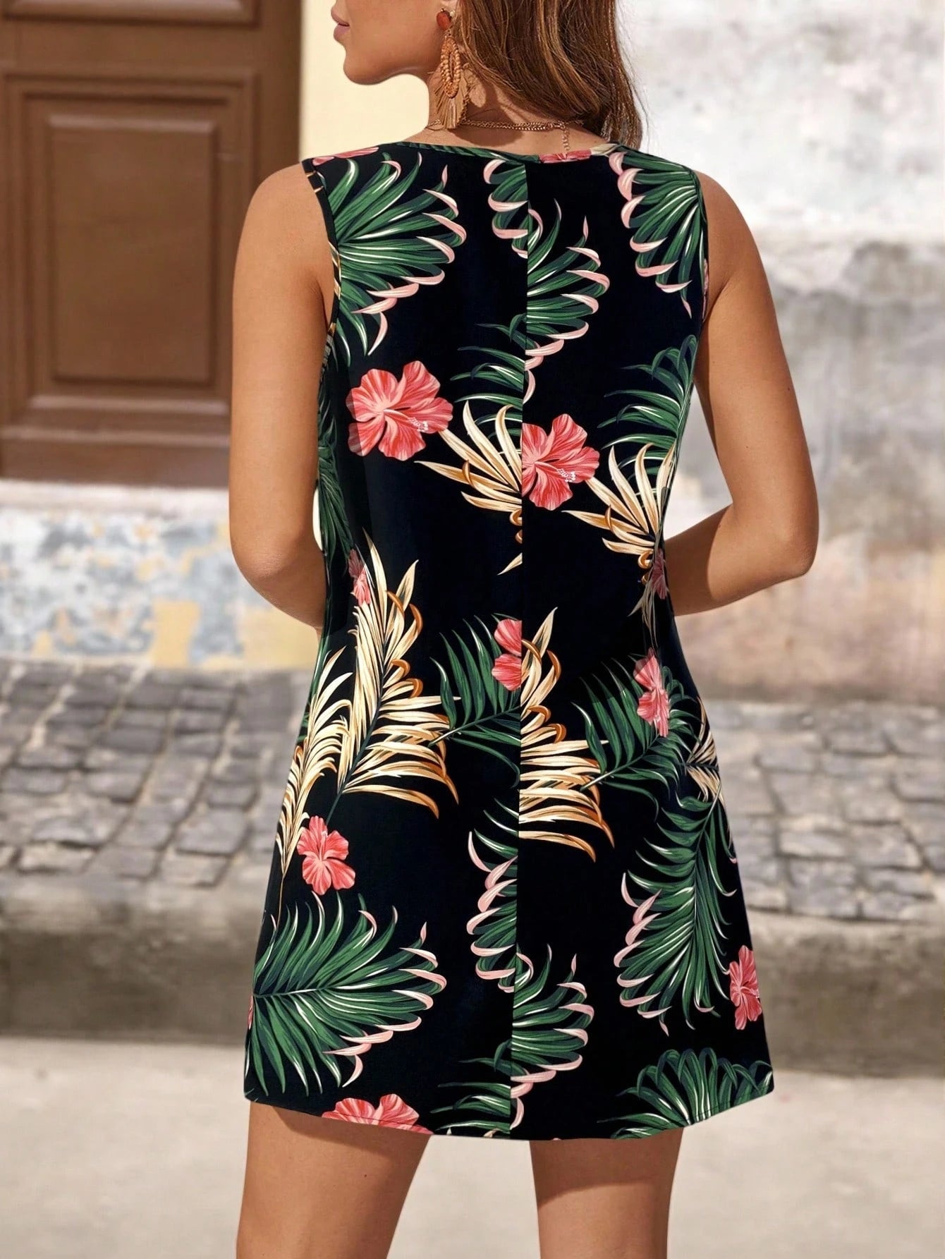 VCAY Vacation Tropical Print Round Neck Sleeveless Pullover Dress,Summer Dresses For Women
