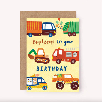 Vehicles Happy Birthday Card - Cute Kids Trucks Digger Bday