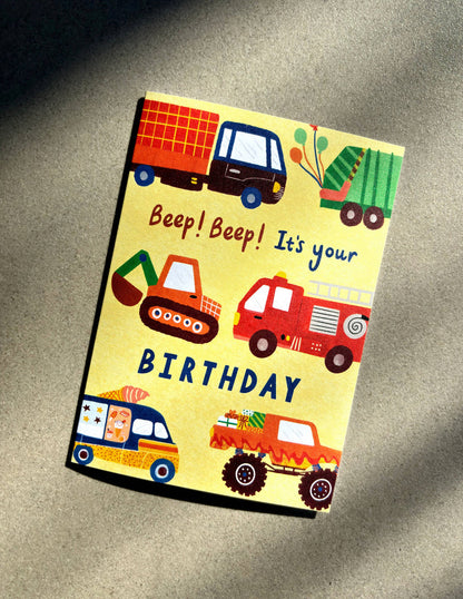 Vehicles Happy Birthday Card - Cute Kids Trucks Digger Bday