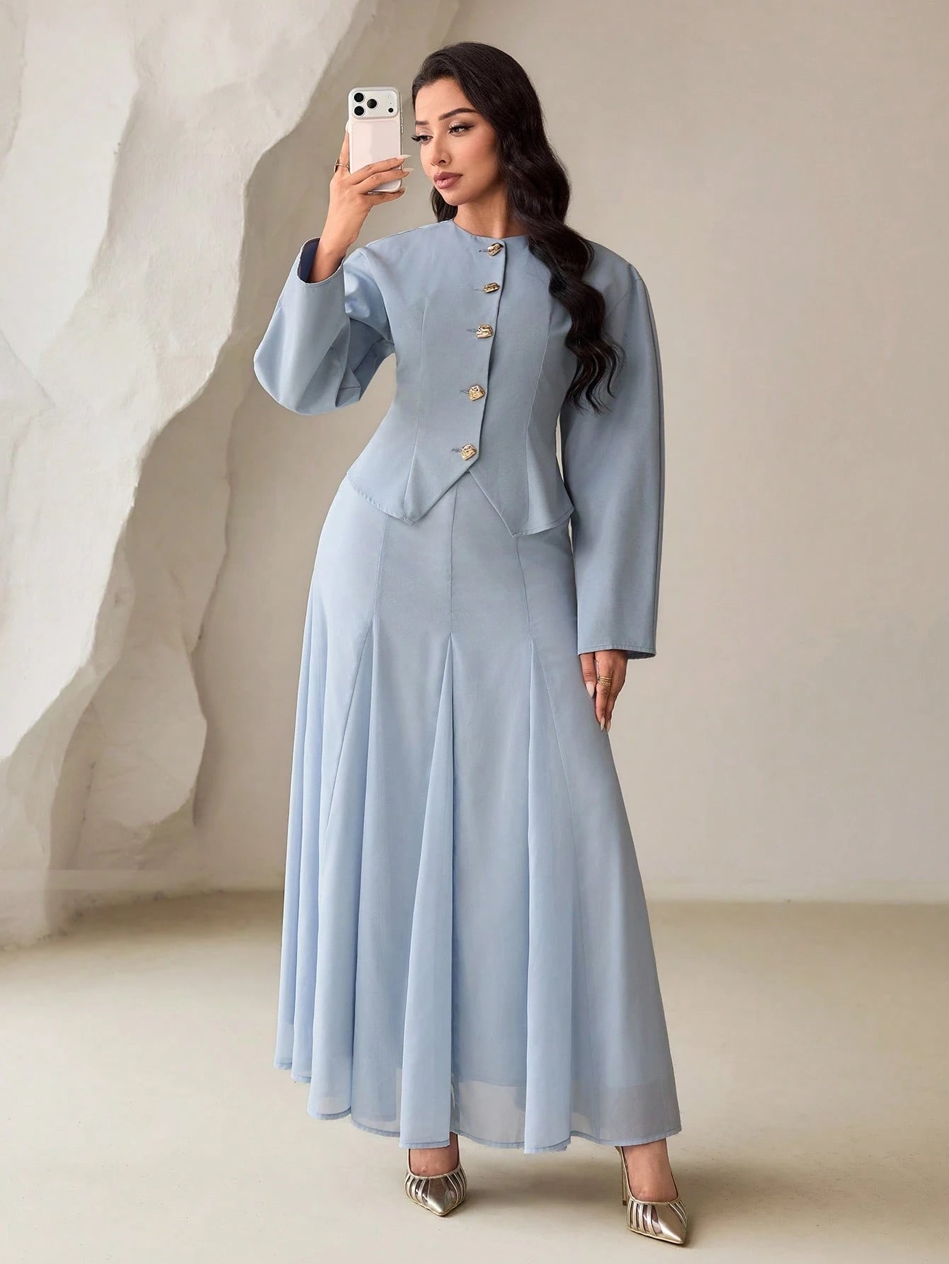 Veilorie Women's Single-Breasted Long Sleeve Shirt And Skirt Conservative Arabic Outfit