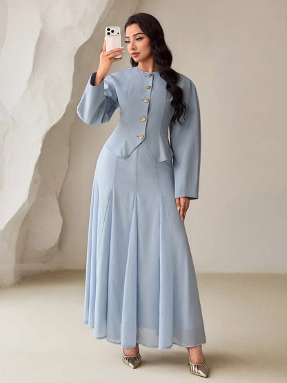 Veilorie Women's Single-Breasted Long Sleeve Shirt And Skirt Conservative Arabic Outfit