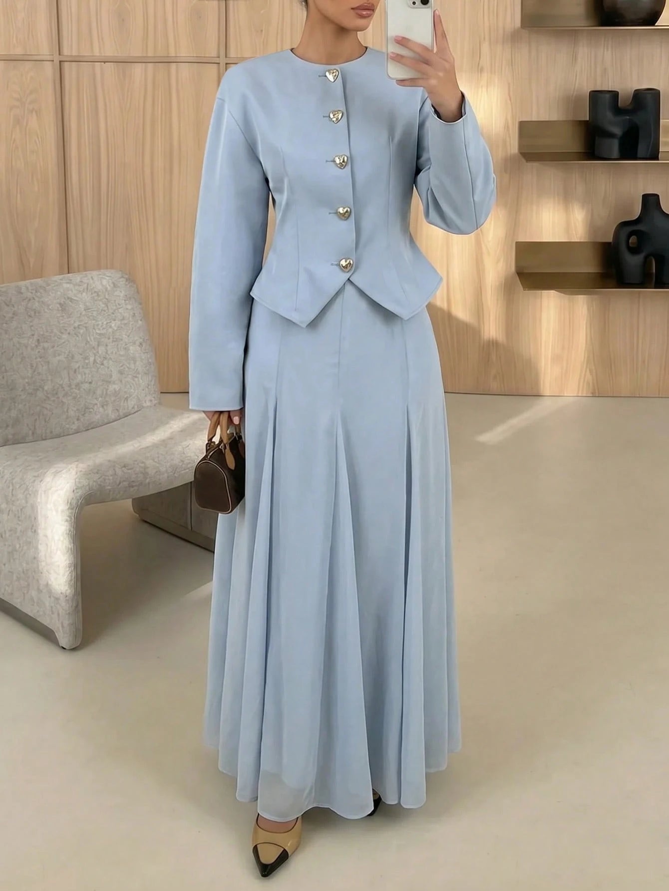 Veilorie Women's Single-Breasted Long Sleeve Shirt And Skirt Conservative Arabic Outfit