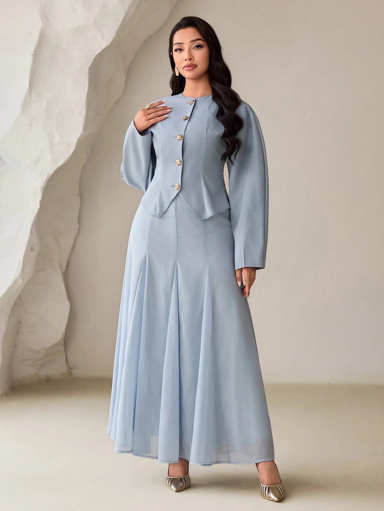 Veilorie Women's Single-Breasted Long Sleeve Shirt And Skirt Conservative Arabic Outfit