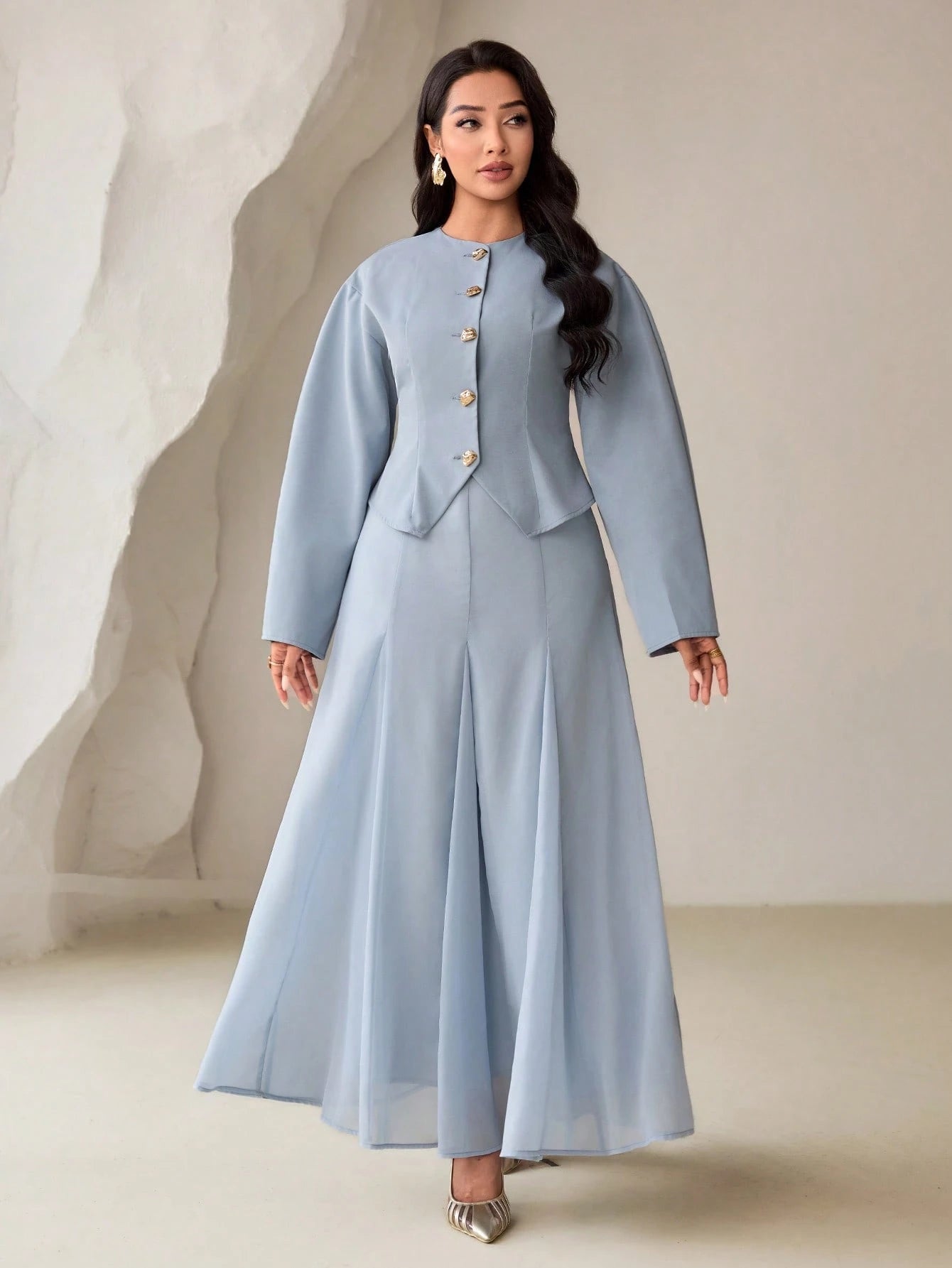 Veilorie Women's Single-Breasted Long Sleeve Shirt And Skirt Conservative Arabic Outfit