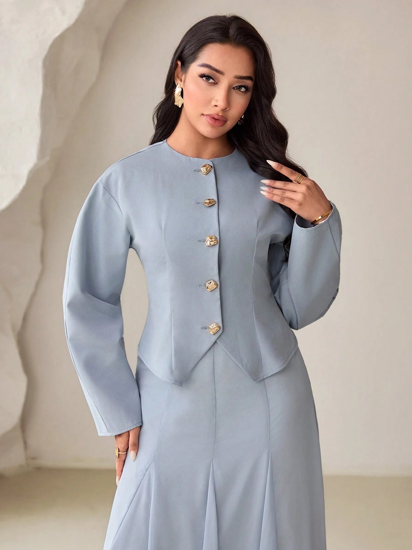 Veilorie Women's Single-Breasted Long Sleeve Shirt And Skirt Conservative Arabic Outfit