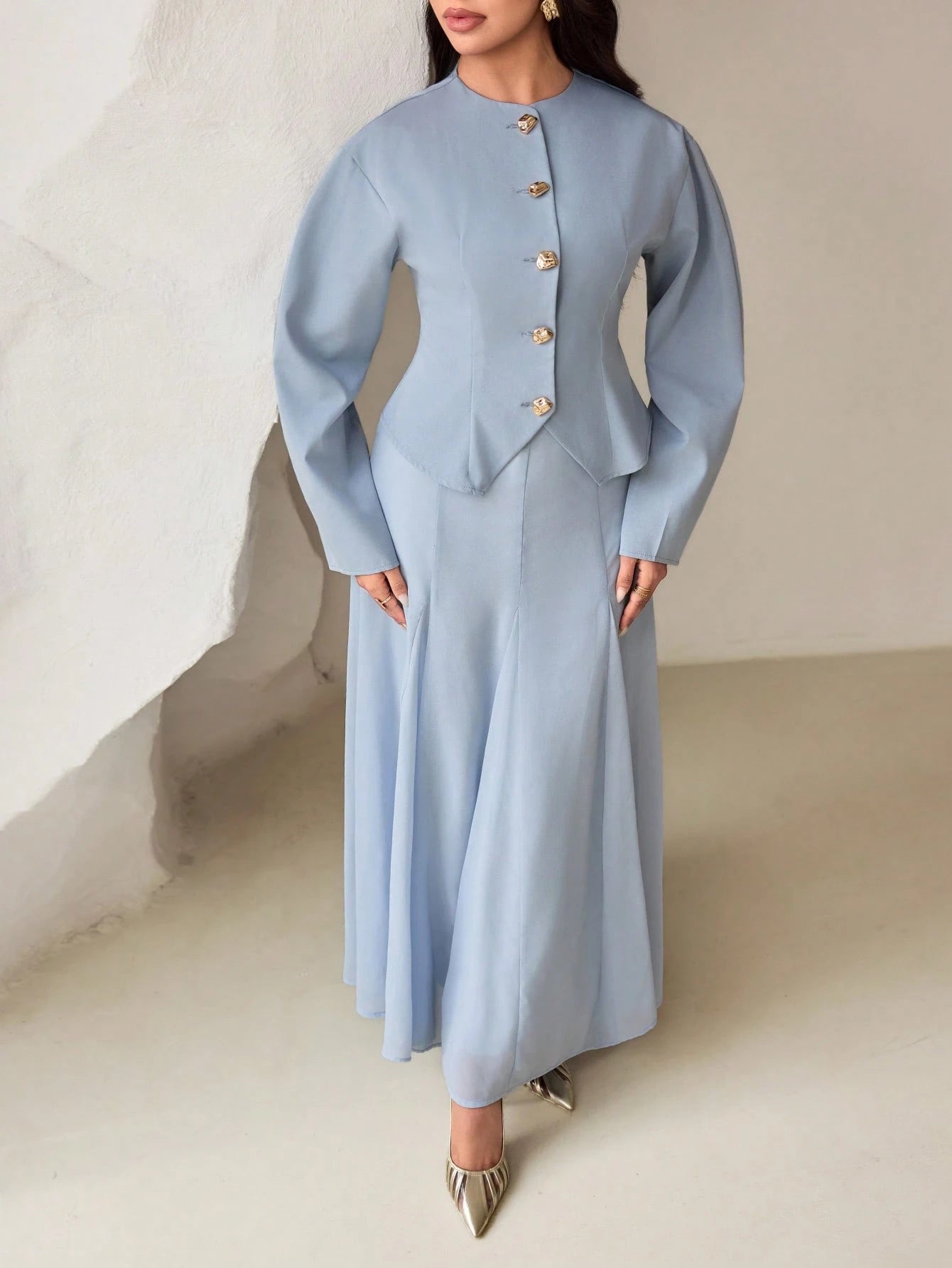 Veilorie Women's Single-Breasted Long Sleeve Shirt And Skirt Conservative Arabic Outfit