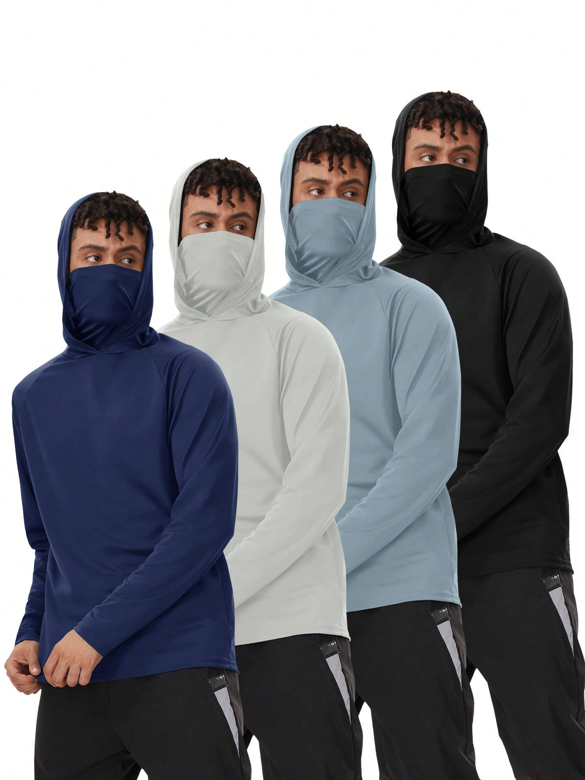 Veldtholos 4 Pack Mens Fishing Hoodie UV Sun Protection Shirts UPF Rash Guard Long Sleeve Shirts Hiking Performance Mesh Face Mask Top