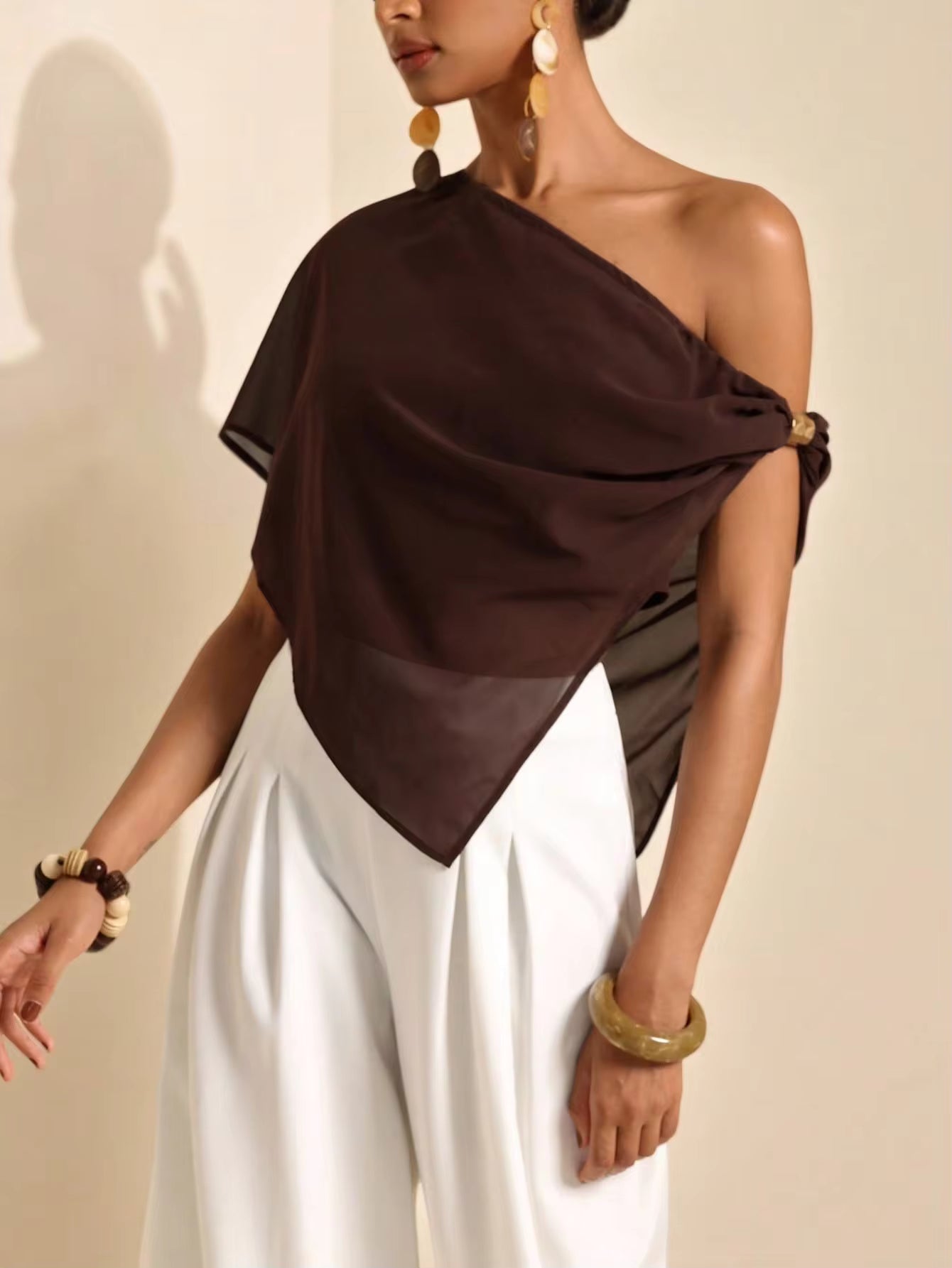 Vesra Women's Asymmetric Metal Decor Asymmetrical Shoulder Blouse, Summer