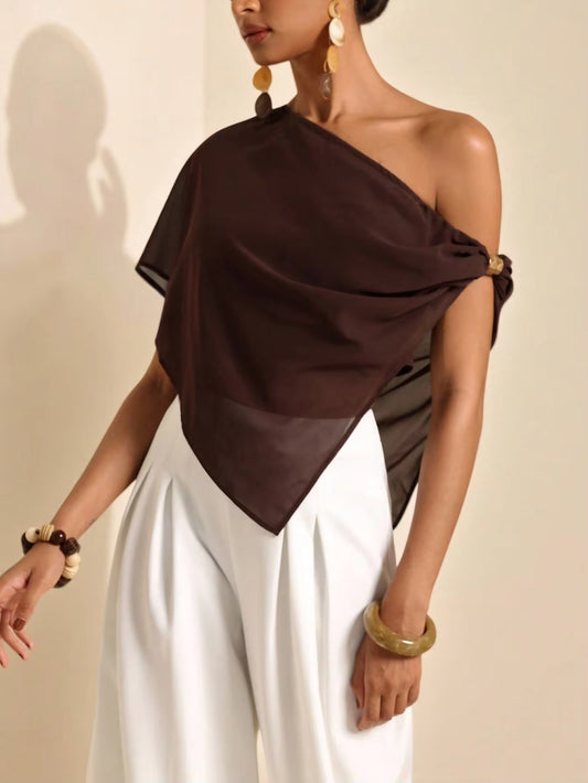 Vesra Women's Asymmetric Metal Decor Asymmetrical Shoulder Blouse, Summer