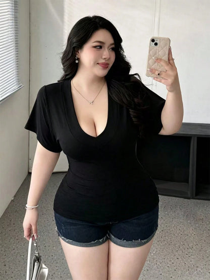 Vibekara Deep V-Neck Cinched Waist Casual Women Top T-Shirt