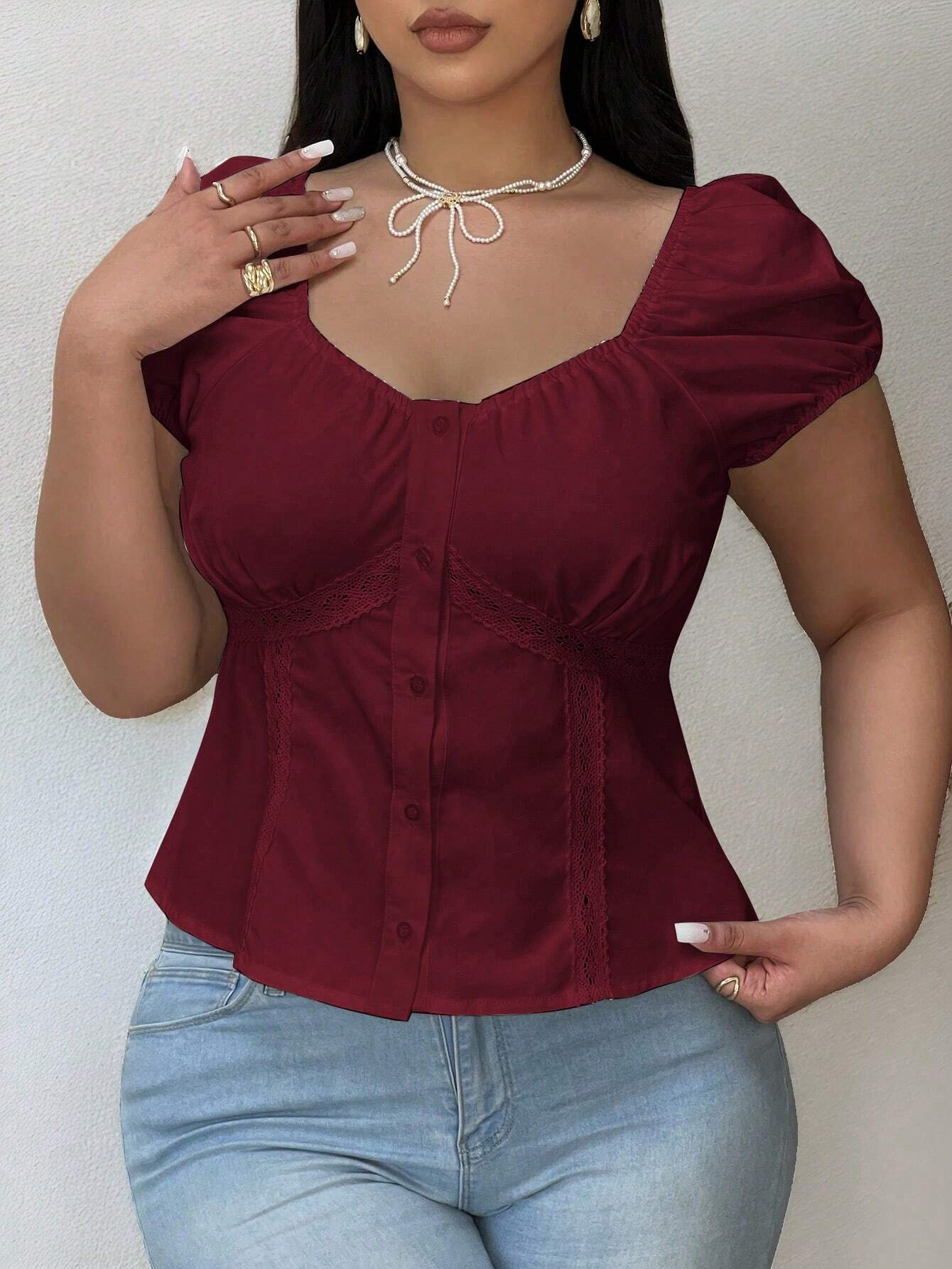 Vibekara Plus Size Summer Casual Puff Sleeve Sweetheart Neck Button Front Shirt