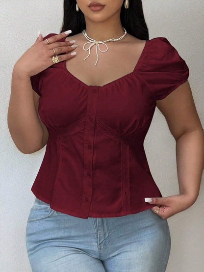 Vibekara Plus Size Summer Casual Puff Sleeve Sweetheart Neck Button Front Shirt