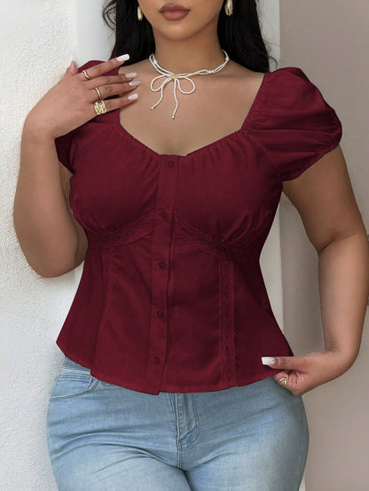 Vibekara Plus Size Summer Casual Puff Sleeve Sweetheart Neck Button Front Shirt