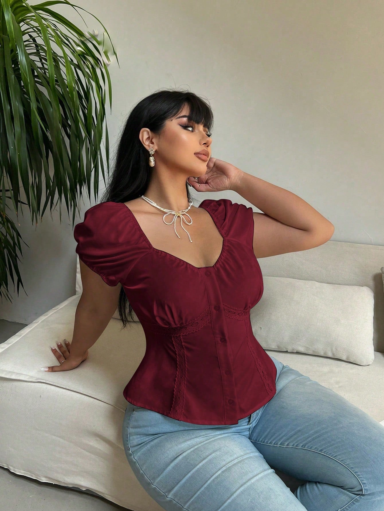 Vibekara Plus Size Summer Casual Puff Sleeve Sweetheart Neck Button Front Shirt