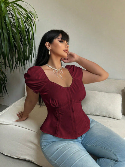 Vibekara Plus Size Summer Casual Puff Sleeve Sweetheart Neck Button Front Shirt