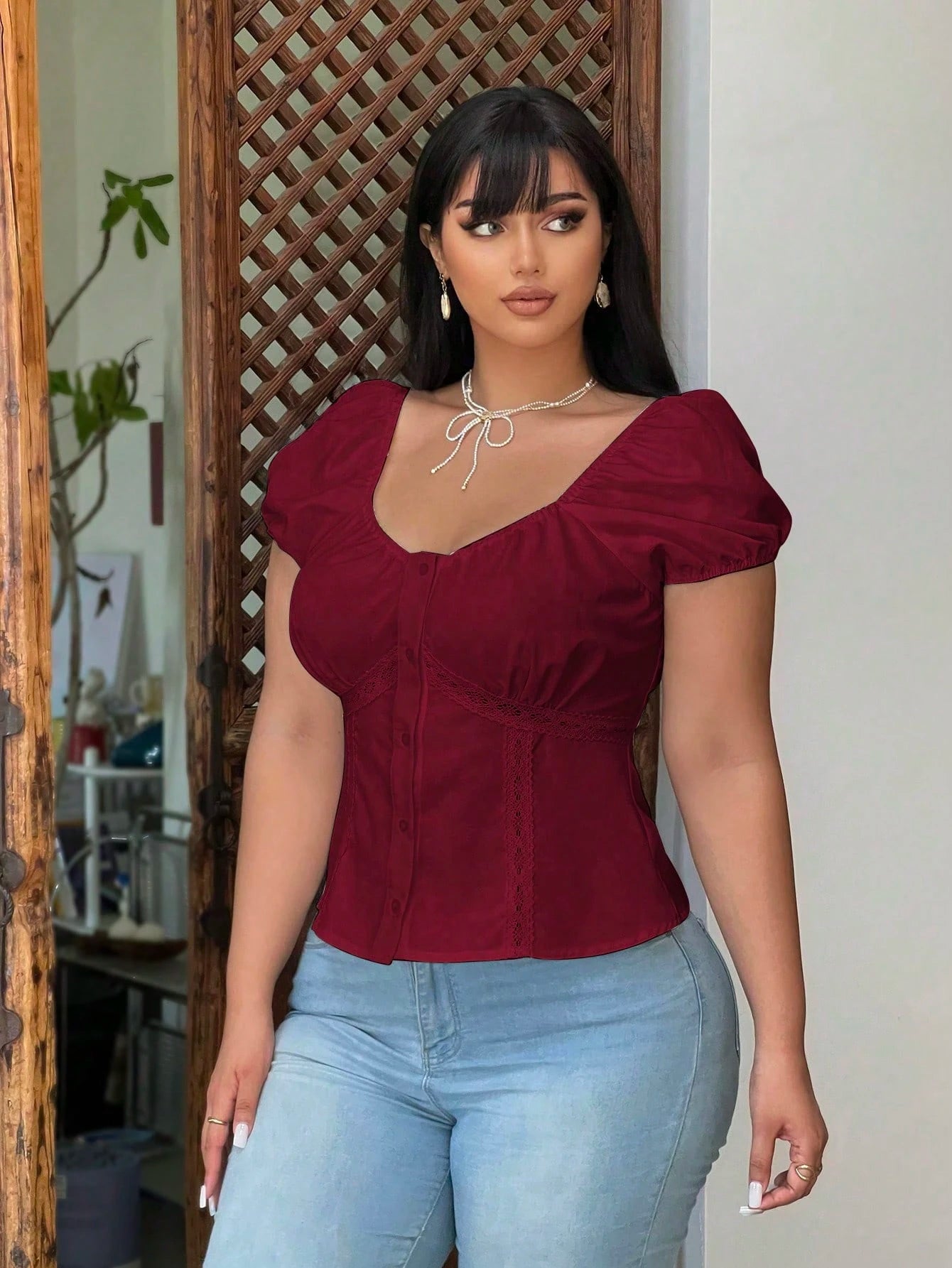 Vibekara Plus Size Summer Casual Puff Sleeve Sweetheart Neck Button Front Shirt