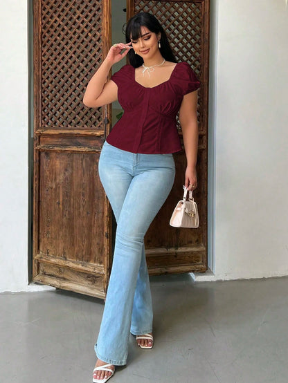 Vibekara Plus Size Summer Casual Puff Sleeve Sweetheart Neck Button Front Shirt