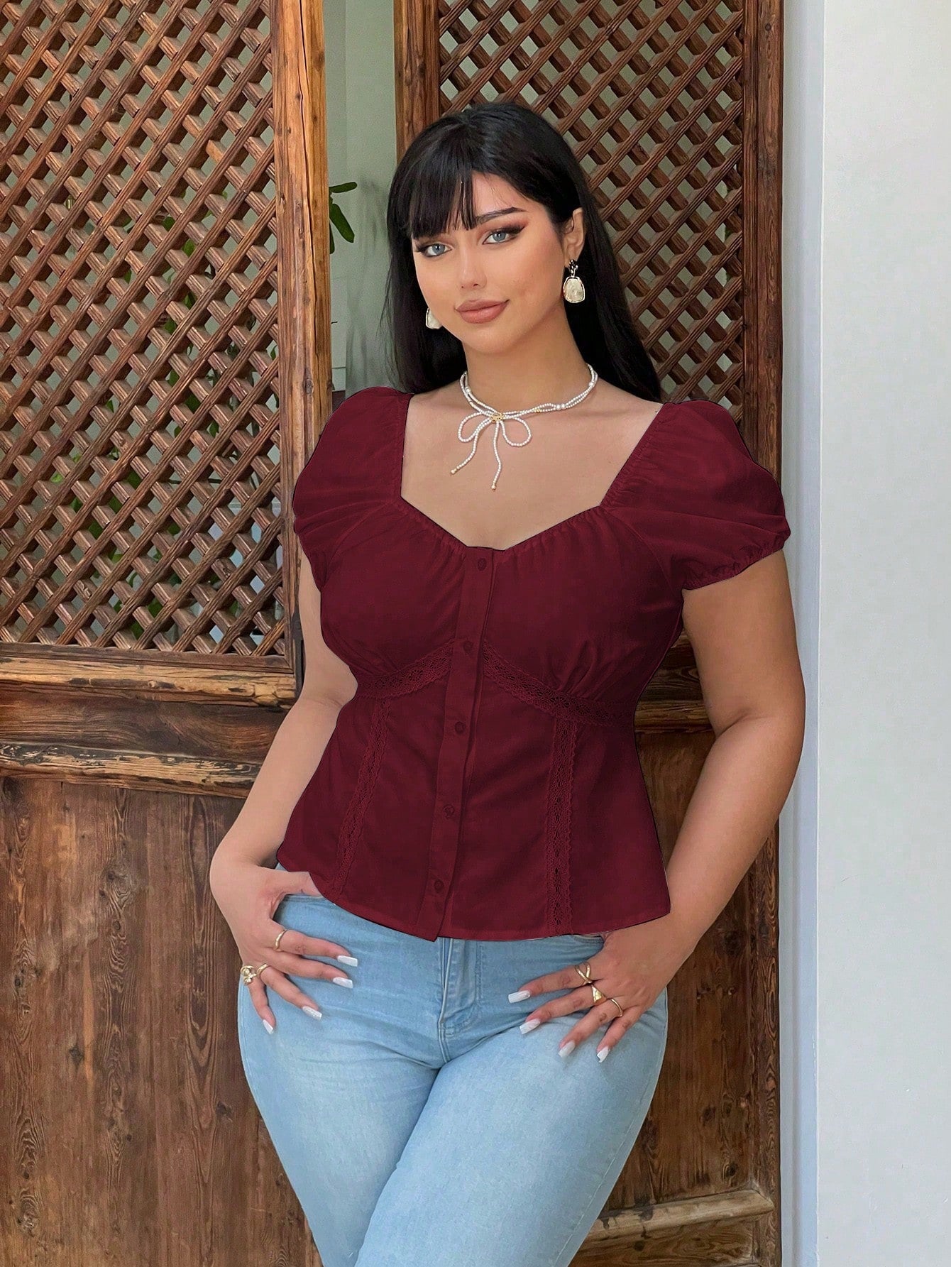 Vibekara Plus Size Summer Casual Puff Sleeve Sweetheart Neck Button Front Shirt