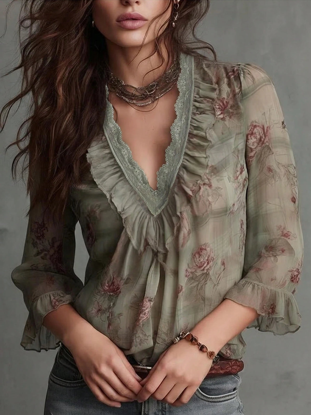 Vintage Design Elegant Lace Floral Patchwork Ruffle V-Neck Retro Chiffon Blouse Women 3/4 Sleeve Leaf Print Floral Printed Velvet Pleated Ruffle/Frill Front Button Casual Office Vacation Shirt Spring