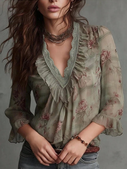 Vintage Design Elegant Lace Floral Patchwork Ruffle V-Neck Retro Chiffon Blouse Women 3/4 Sleeve Leaf Print Floral Printed Velvet Pleated Ruffle/Frill Front Button Casual Office Vacation Shirt Spring