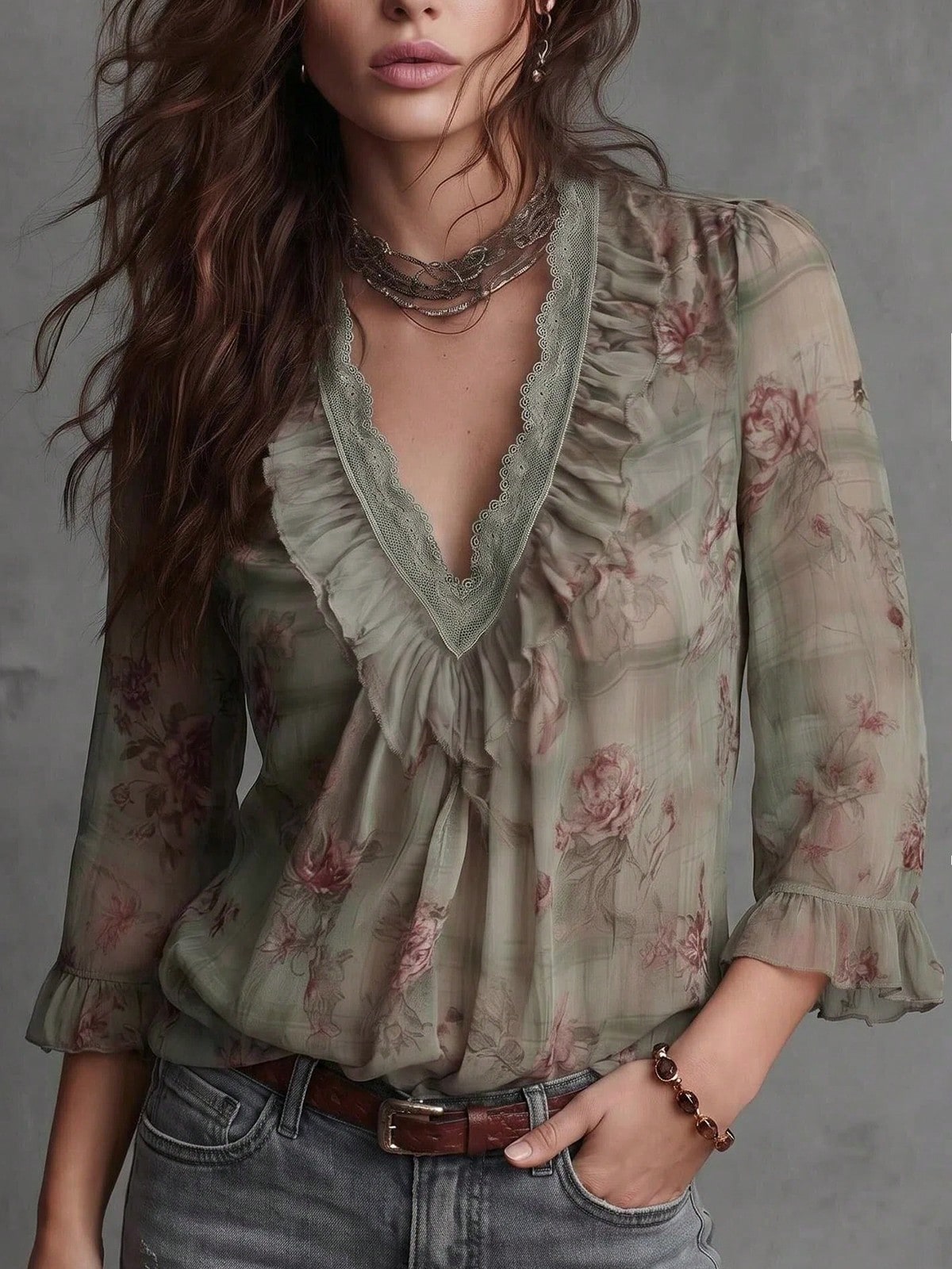 Vintage Design Elegant Lace Floral Patchwork Ruffle V-Neck Retro Chiffon Blouse Women 3/4 Sleeve Leaf Print Floral Printed Velvet Pleated Ruffle/Frill Front Button Casual Office Vacation Shirt Spring