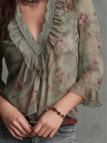 Vintage Design Elegant Lace Floral Patchwork Ruffle V-Neck Retro Chiffon Blouse Women 3/4 Sleeve Leaf Print Floral Printed Velvet Pleated Ruffle/Frill Front Button Casual Office Vacation Shirt Spring