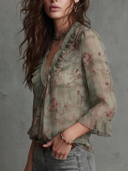 Vintage Design Elegant Lace Floral Patchwork Ruffle V-Neck Retro Chiffon Blouse Women 3/4 Sleeve Leaf Print Floral Printed Velvet Pleated Ruffle/Frill Front Button Casual Office Vacation Shirt Spring