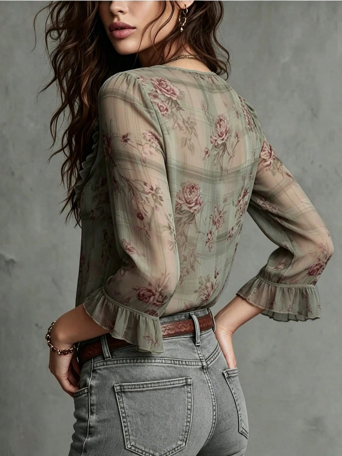 Vintage Design Elegant Lace Floral Patchwork Ruffle V-Neck Retro Chiffon Blouse Women 3/4 Sleeve Leaf Print Floral Printed Velvet Pleated Ruffle/Frill Front Button Casual Office Vacation Shirt Spring