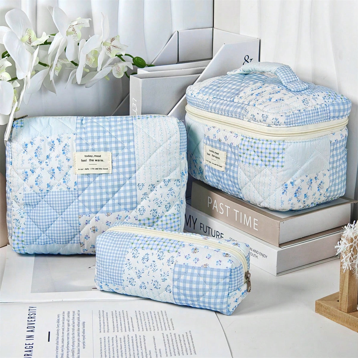 Vintage Elegant Patchwork Pattern Makeup Bag Set, Fashionable Large Capacity Multi-Compartment Handbag, Multifunctional Travel Organizer Bag, Storage Pouch For Cosmetics, Makeup Tools And Other Items